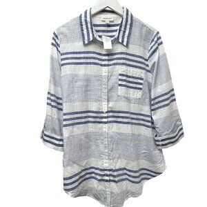 NEW Westport Blue Stripe Top XL Cotton Button Up Roll Sleeve Casual Dressbarn